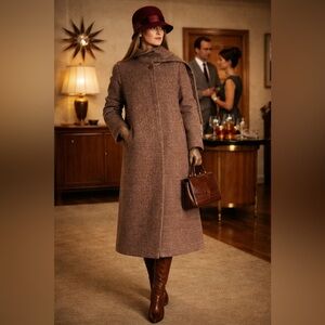 Vintage 1960s Lorendale Wool Coat w/ Scarf Burgundy Trim USA Women’s M/L